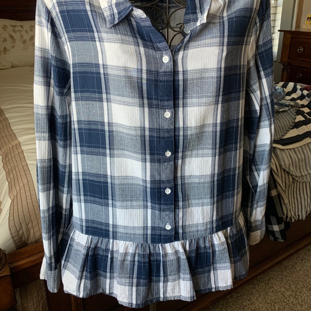 Plaid button down with ruffle detail